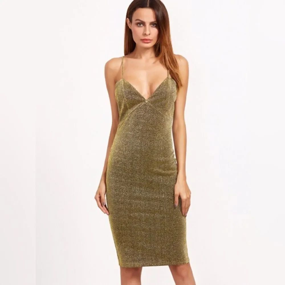 ✨HP✨Gold Glitter Deep V Neck Cami Sheath Dress✨ - Picture 2 of 4